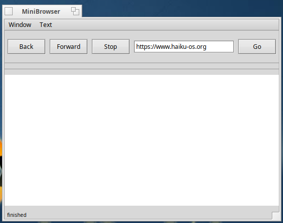 MiniBrowser navigated to https://www.haiku-os.org/, but only displaying a white page